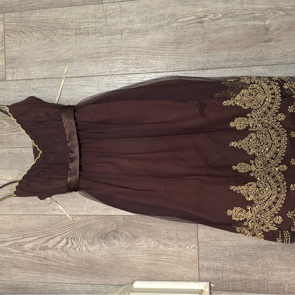 Strapless Brown Dress with Gold Embroidery